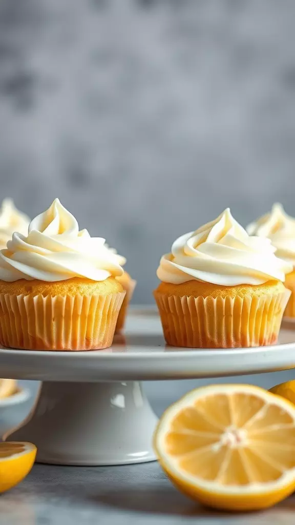 Lemon stuffed cupcakes with creamy frosting on a white cake stand