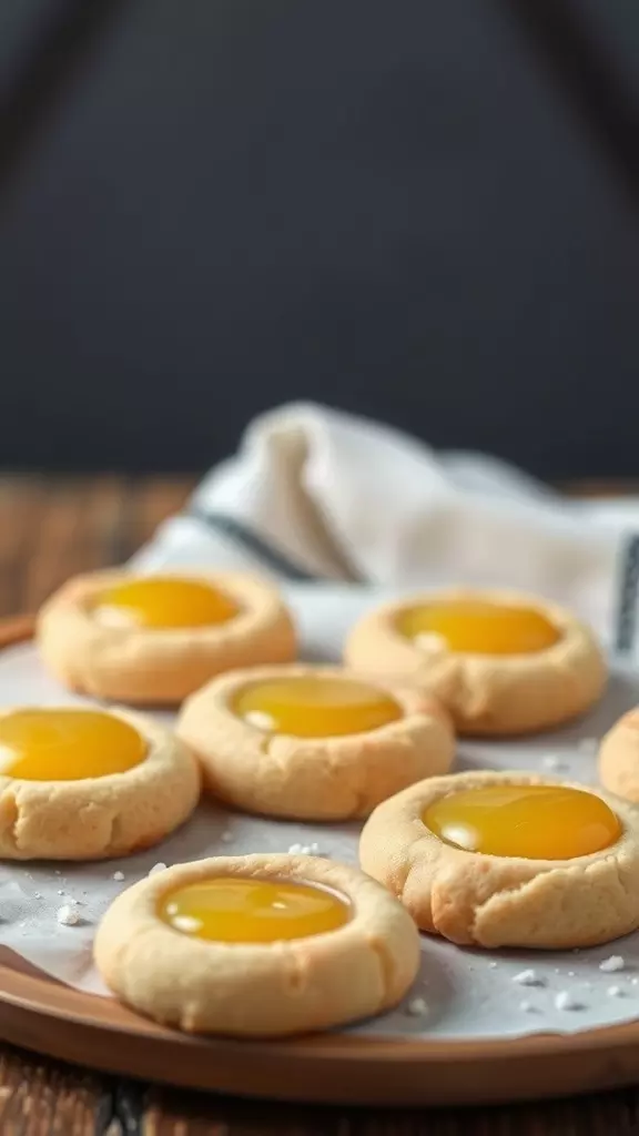 A plate of lemon thumbprint cookies with yellow curd filling.