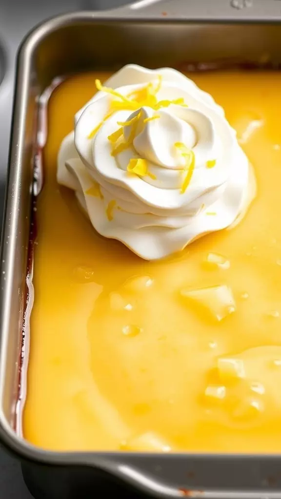 A delicious Lemon Tres Leches Cake with whipped cream and lemon zest on top