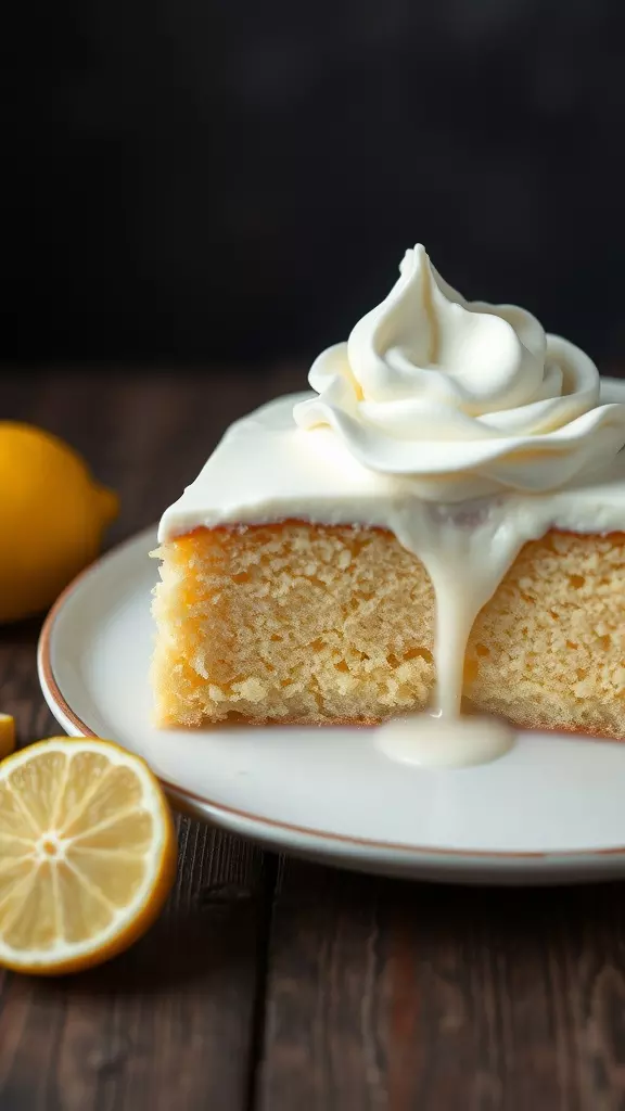 Lemon Tres Leches Cake with whipped cream and lemon slices