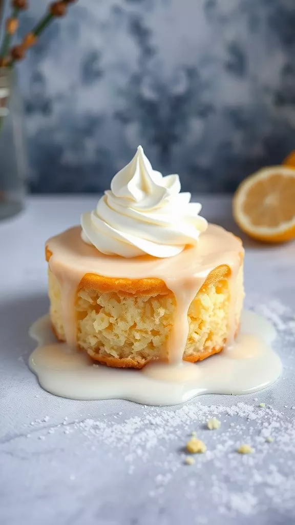 A slice of Lemon Tres Leches Cake with white icing and lemon slices