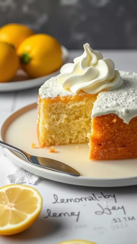 A slice of Lemon Tres Leches Cake topped with whipped cream next to fresh lemons.