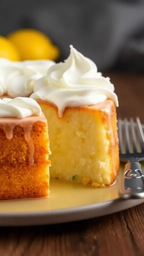 A slice of Lemon Tres Leches Cake with frosting, showcasing its moist texture and lemon flavor.