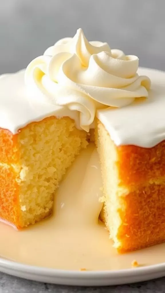 A close-up of a sliced lemon tres leches cake with creamy frosting.