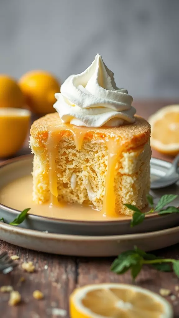 A slice of Lemon Tres Leches Cake with whipped cream on top, surrounded by fresh lemons.