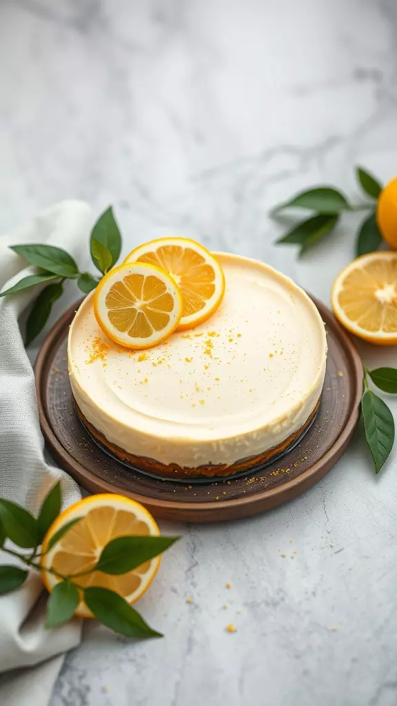 A lemon zest cheesecake topped with lemon slices and garnished with leaves.