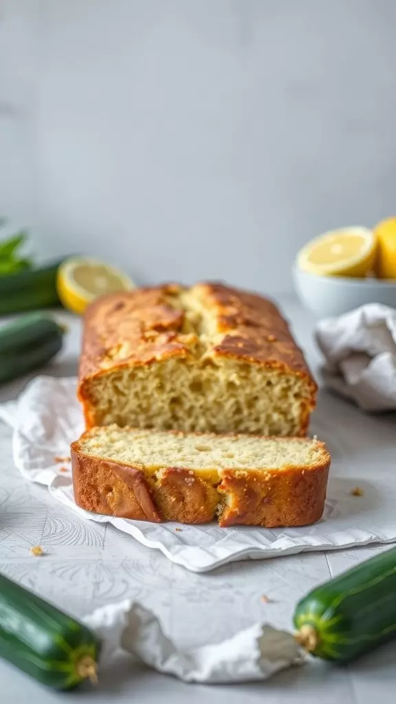 A sliced lemon zucchini bread surrounded by fresh zucchinis and lemons.