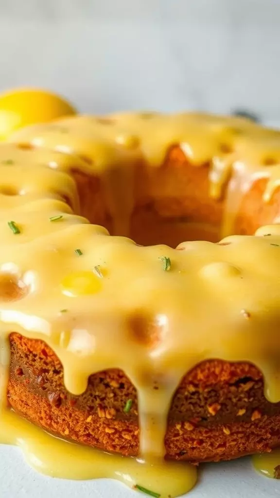 A close-up of a lemon zucchini cake with a glossy lemon glaze drizzled on top.