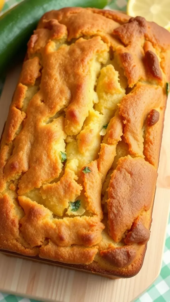 A freshly baked lemon zucchini loaf on a wooden cutting board with zucchini and lemon slices in the background.