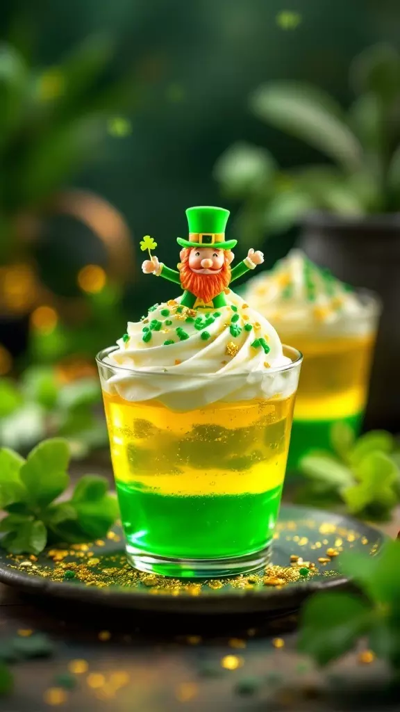 Leprechaun Jello Cups with colorful layers and a leprechaun figure on top