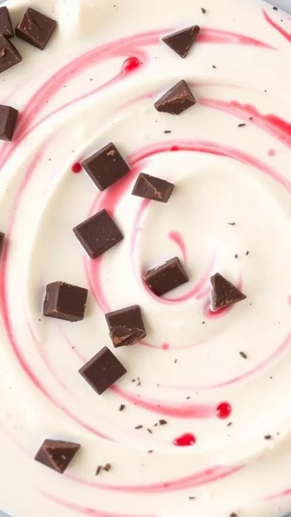 Creamy dessert dip with cherry swirls and chocolate chunks on top