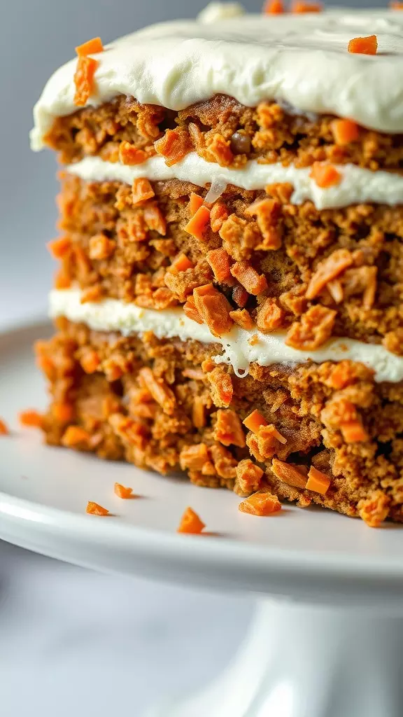 A slice of loaded carrot cake with cream cheese frosting and carrot bits on top.