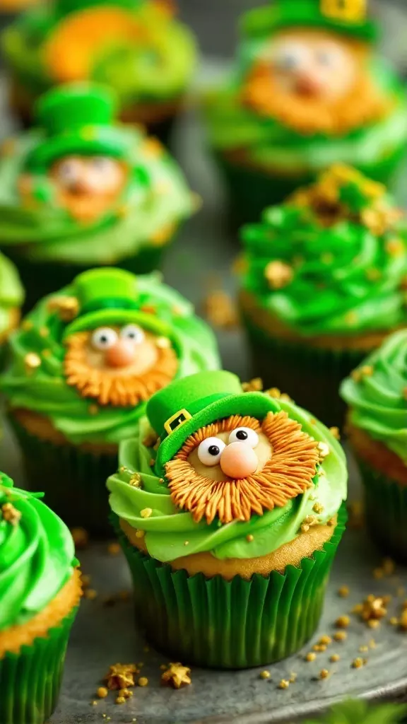 Colorful cupcakes decorated with green frosting and leprechaun faces for St. Patrick's Day.