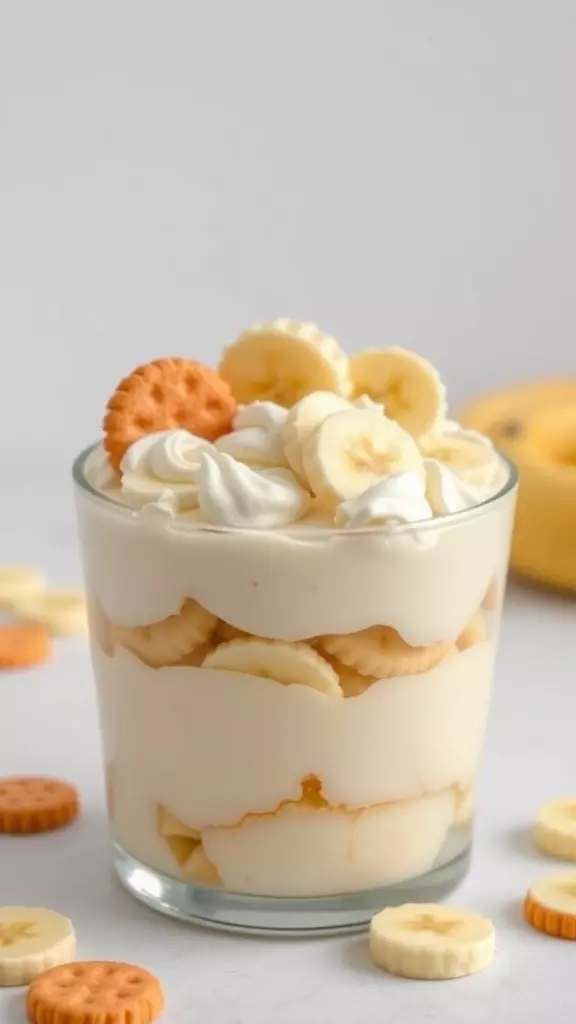 A glass of Magnolia Bakery's famous banana pudding with layers of pudding, bananas, and wafers.