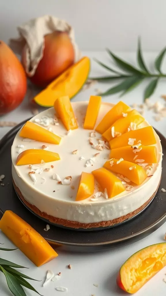 A Mango Coconut No Bake Cheesecake topped with mango slices and shredded coconut.