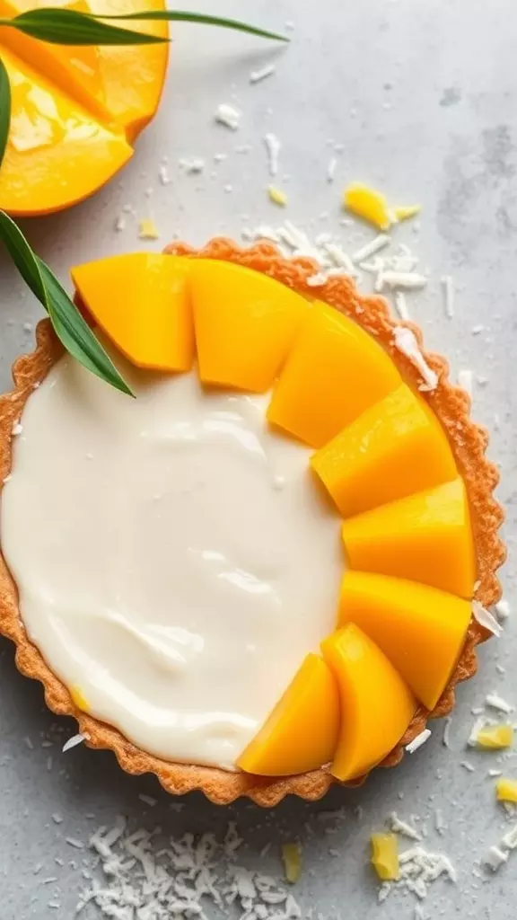 A mango tart topped with slices of fresh mango and creamy pastry filling.