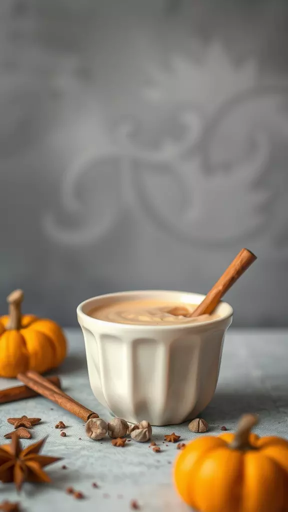 A bowl of smooth maple pumpkin custard with cinnamon sticks and small pumpkins around it.