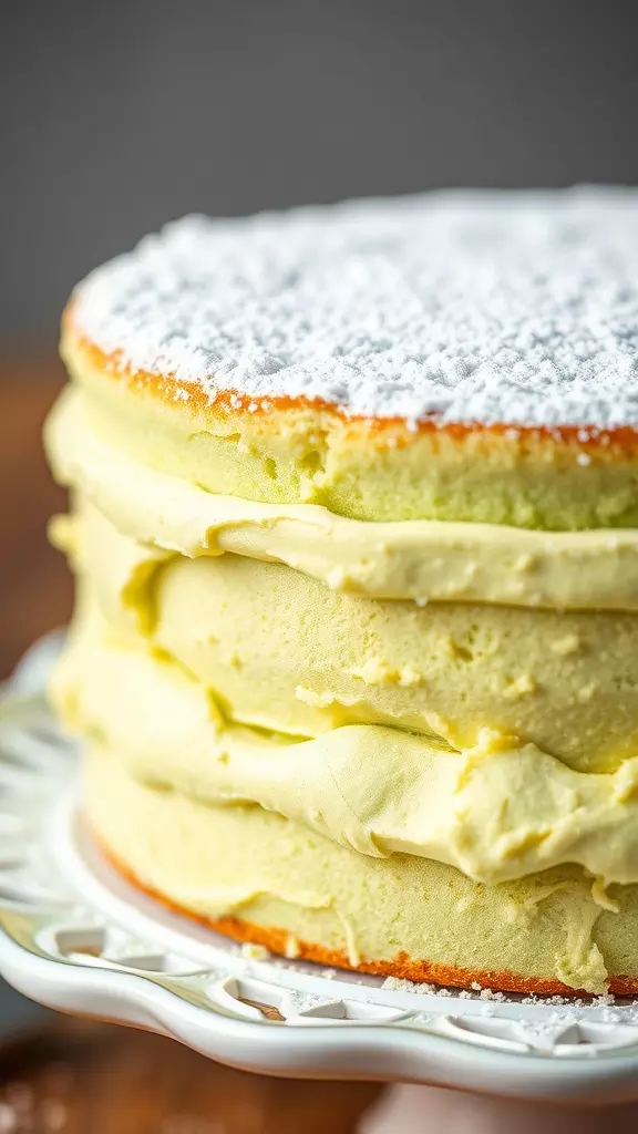 A delicious matcha chiffon cake layered with creamy frosting and dusted with powdered sugar.