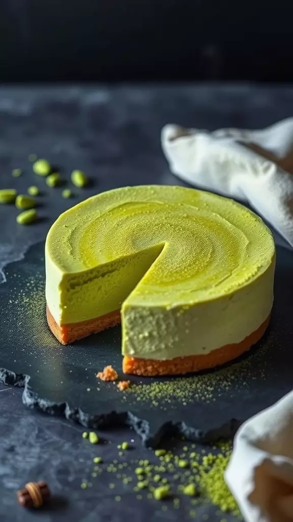 A slice of matcha green tea cheesecake on a dark surface with green tea powder scattered around.