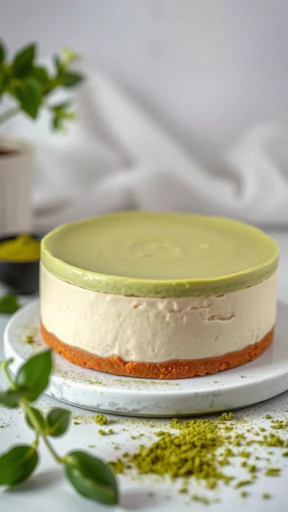 A delicious matcha green tea cheesecake with a smooth green top and a golden crust.