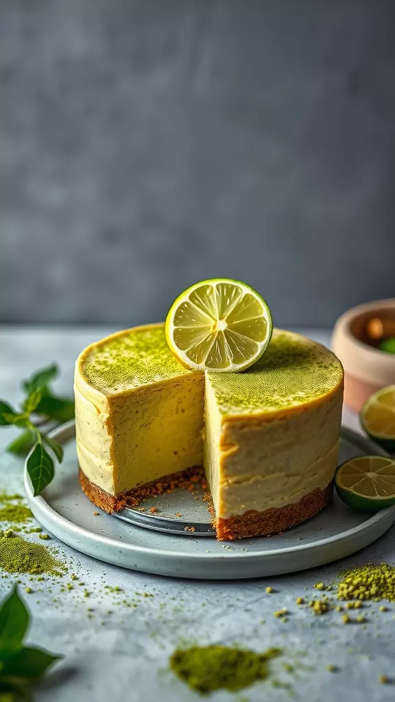 A matcha green tea no bake cheesecake with a cutout revealing its creamy interior, topped with a slice of lime.