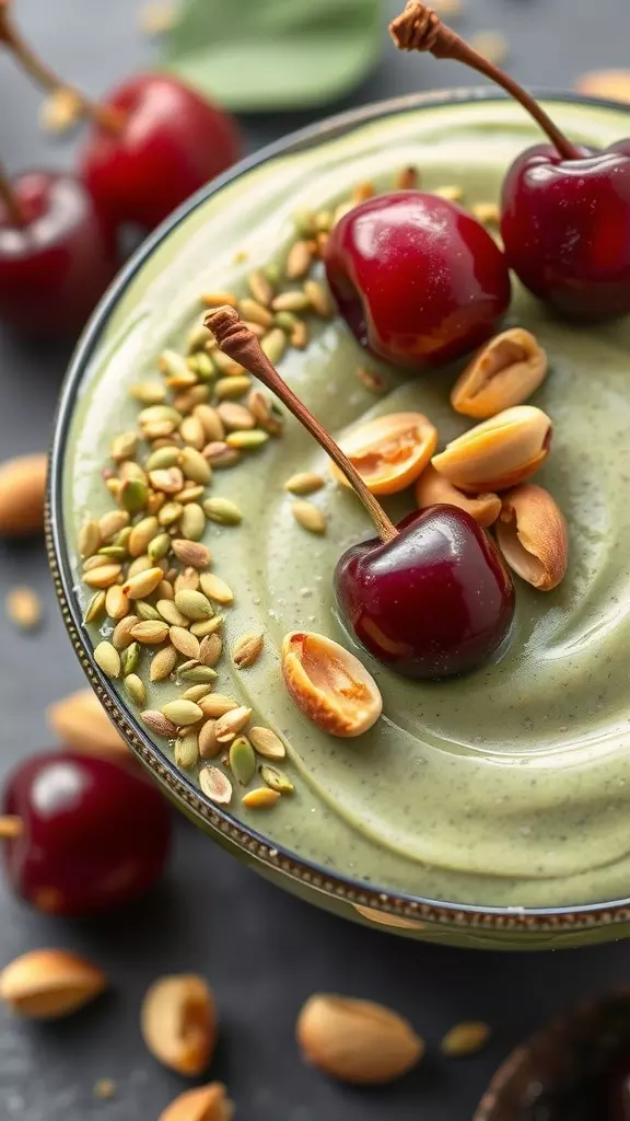 A bowl of matcha overnight chia topped with cherries, hempseeds, and pistachios.