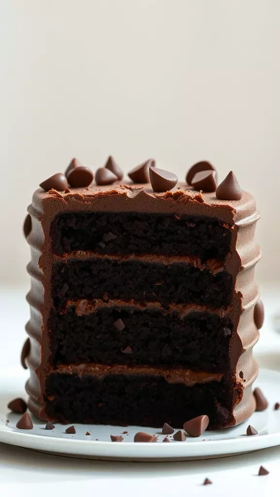 A close-up of Matilda's Chocolate Cake with rich chocolate frosting and chocolate chips on top.