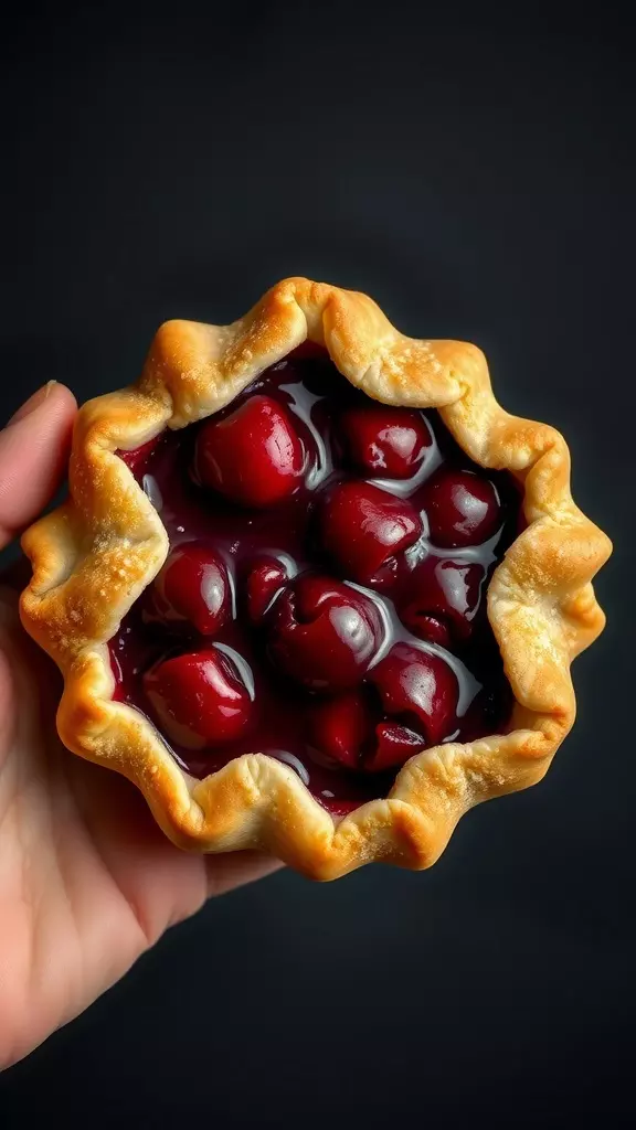 A hand holding a cherry pie with a flaky crust and glossy cherry filling.