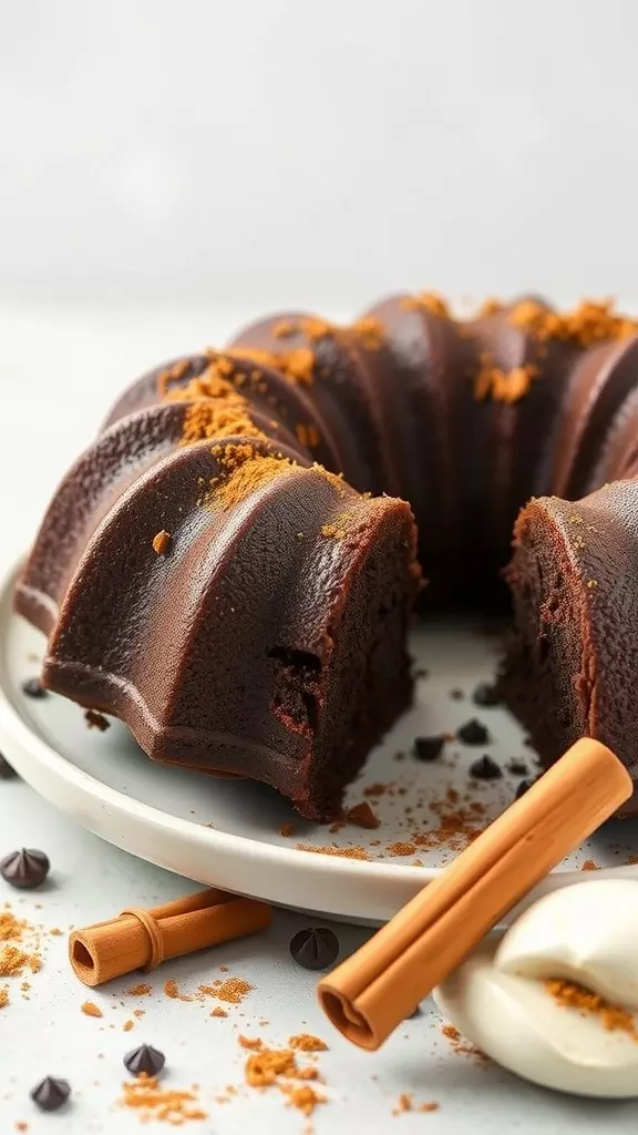 A delicious Mexican Chocolate Bundt Cake with a slice taken out, showing its rich texture.