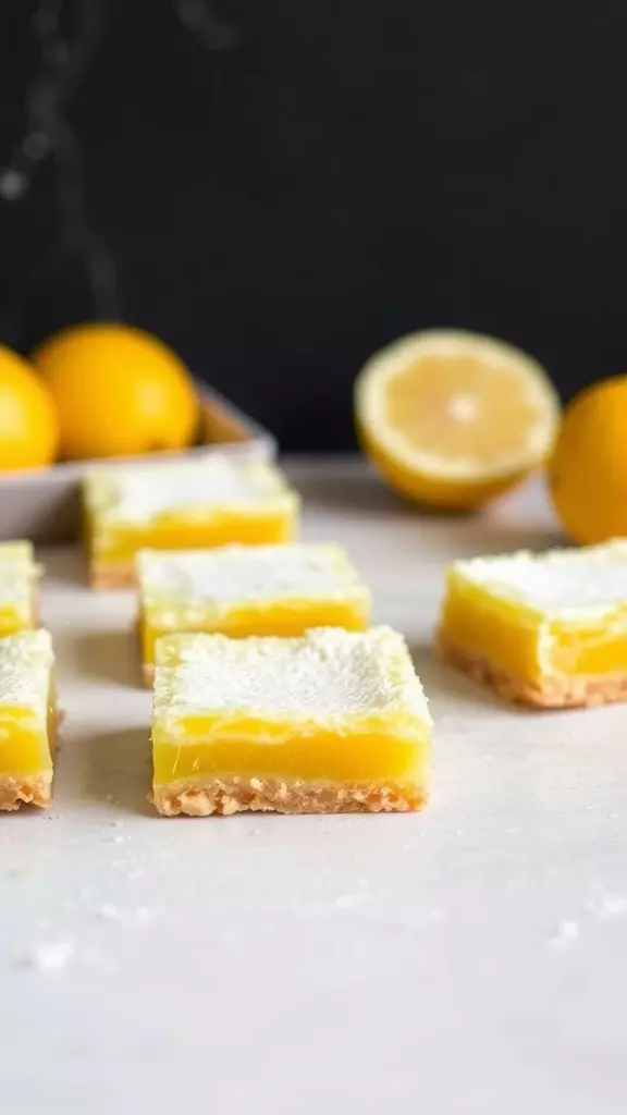 A plate of Meyer lemon bars with a lemon in the background.