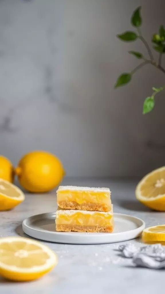 A plate with two layers of Meyer lemon bars surrounded by fresh lemons.