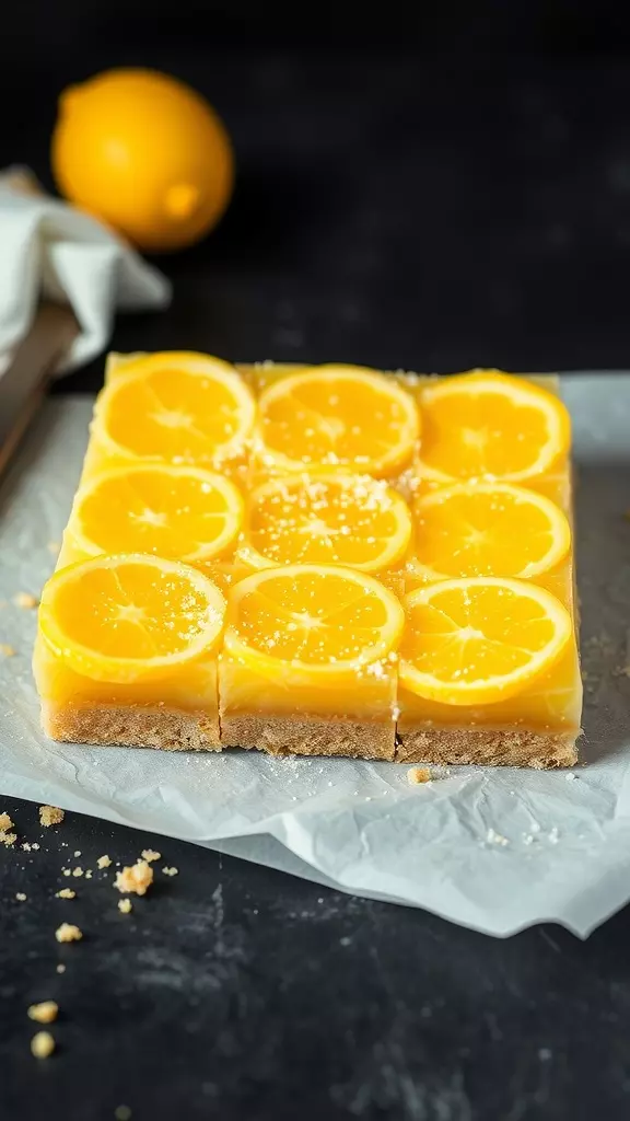 Meyer lemon bars topped with lemon slices.