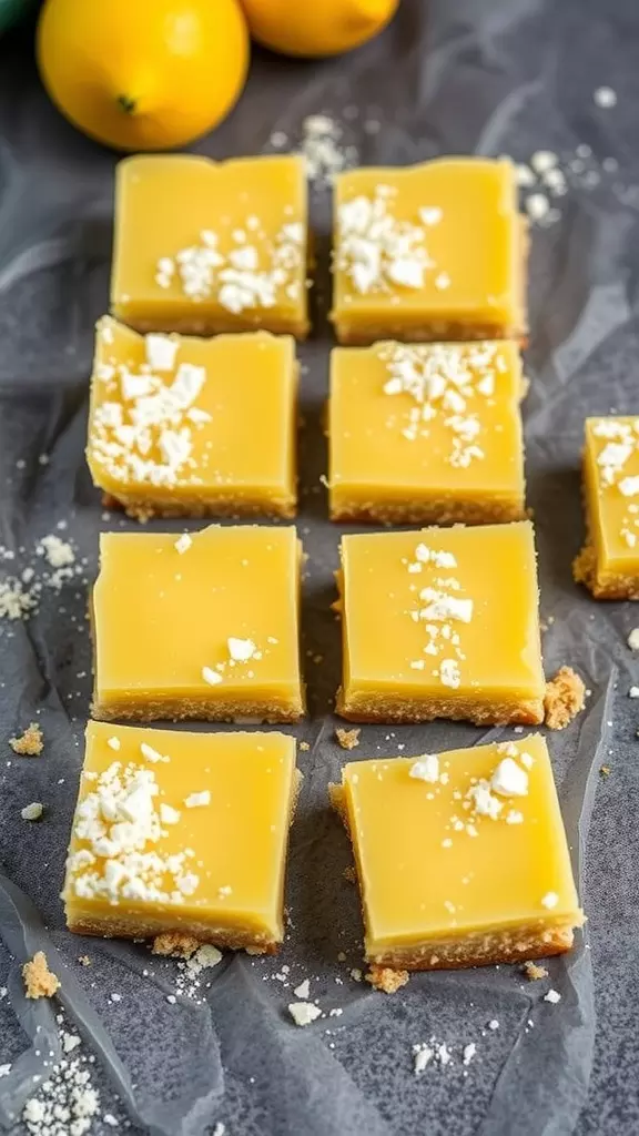 A close-up of Meyer lemon bars on a gray background, topped with white crumbs.