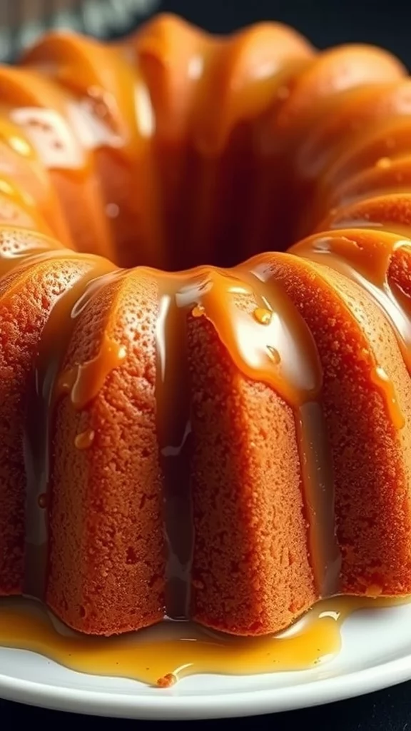 Close-up of a moist golden pound cake with a glossy glaze