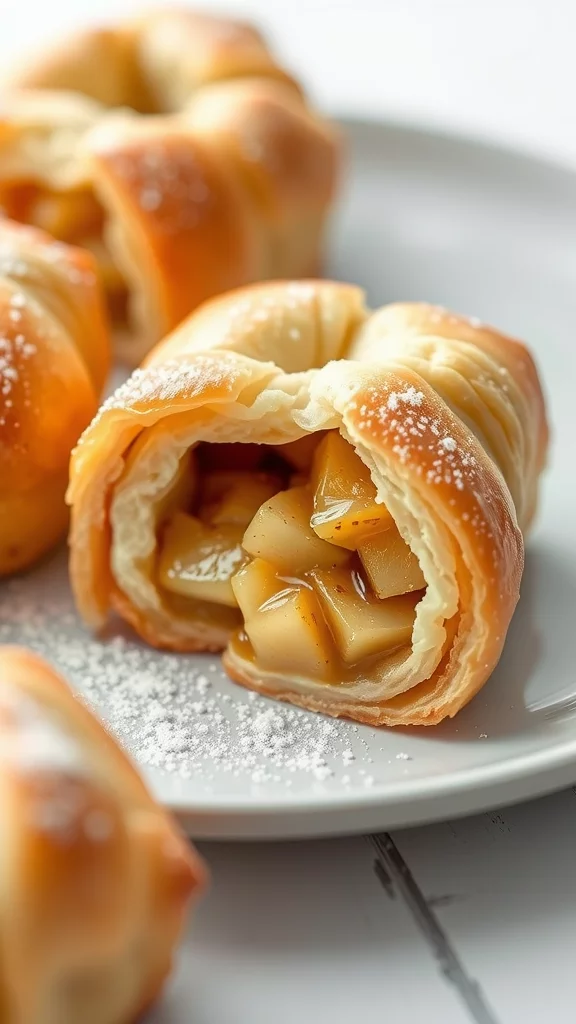 A delicious mini apple strudel on a plate, showcasing flaky pastry and apple filling.