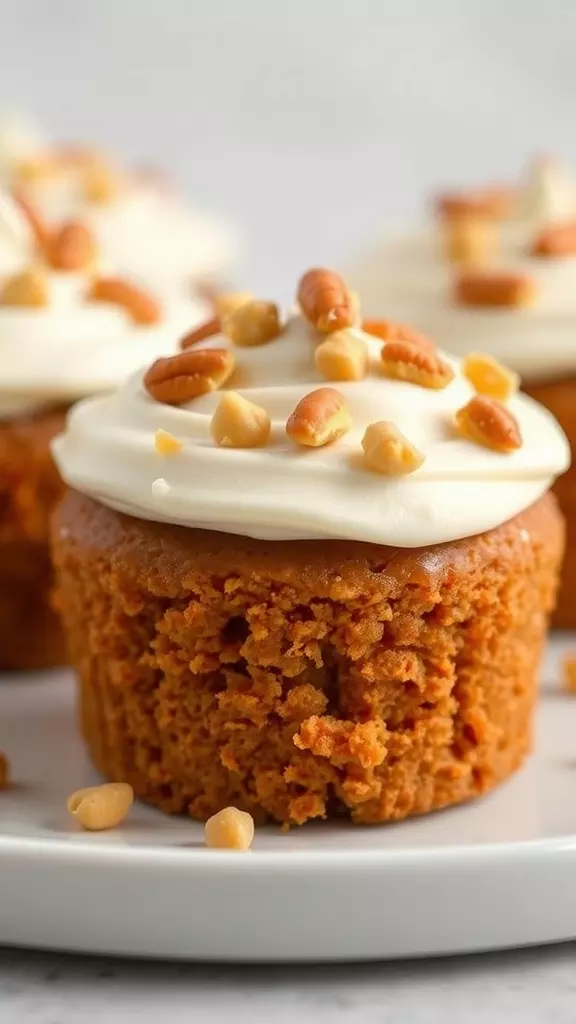 Mini carrot cake topped with cream cheese frosting and nuts