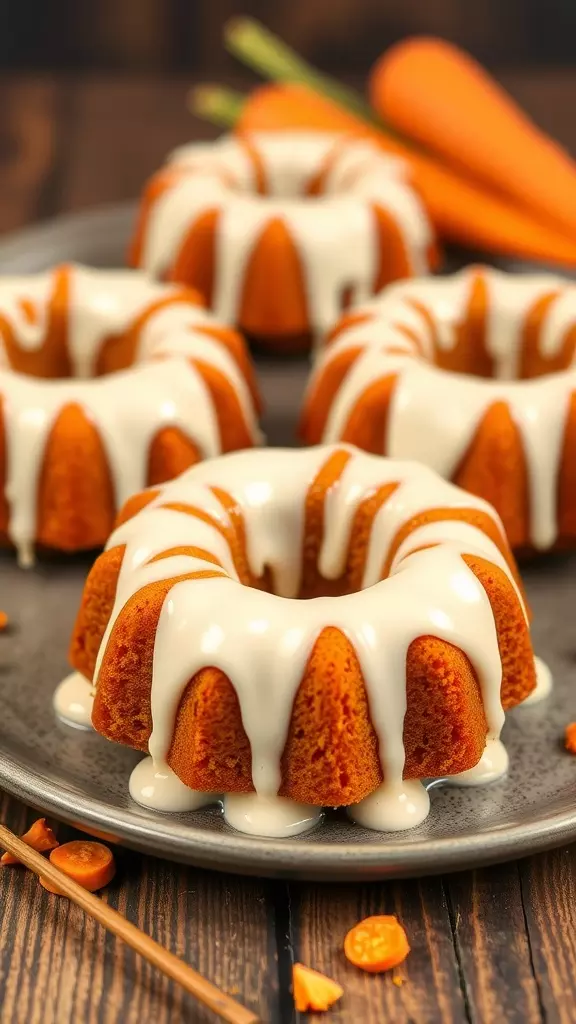 Mini carrot cake bundts with creamy glaze on a plate