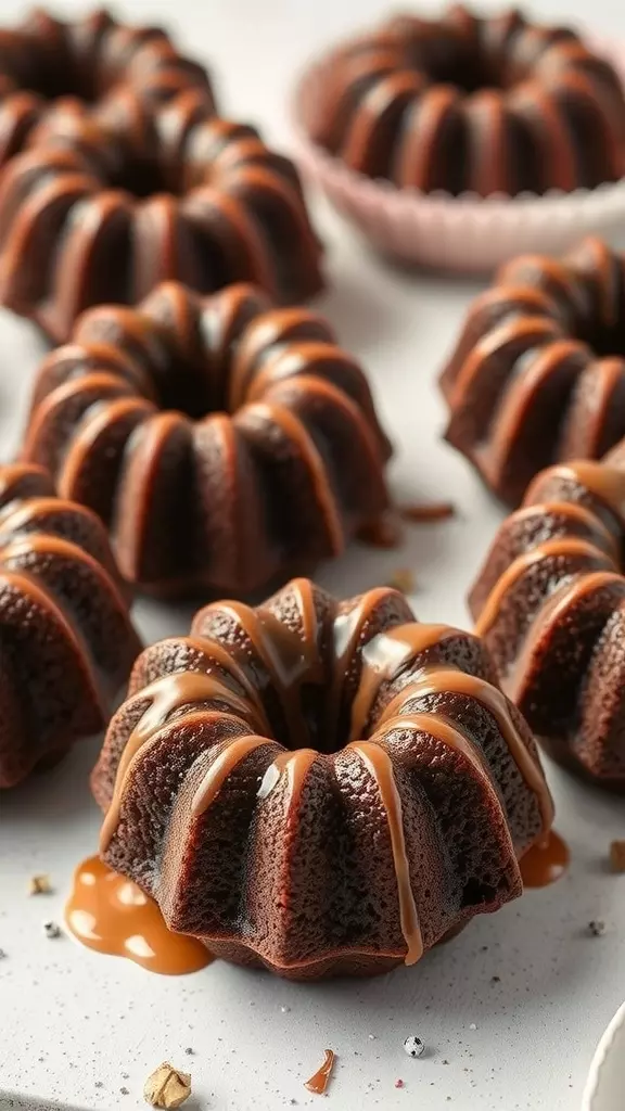 Mini chocolate bundt cakes drizzled with caramel