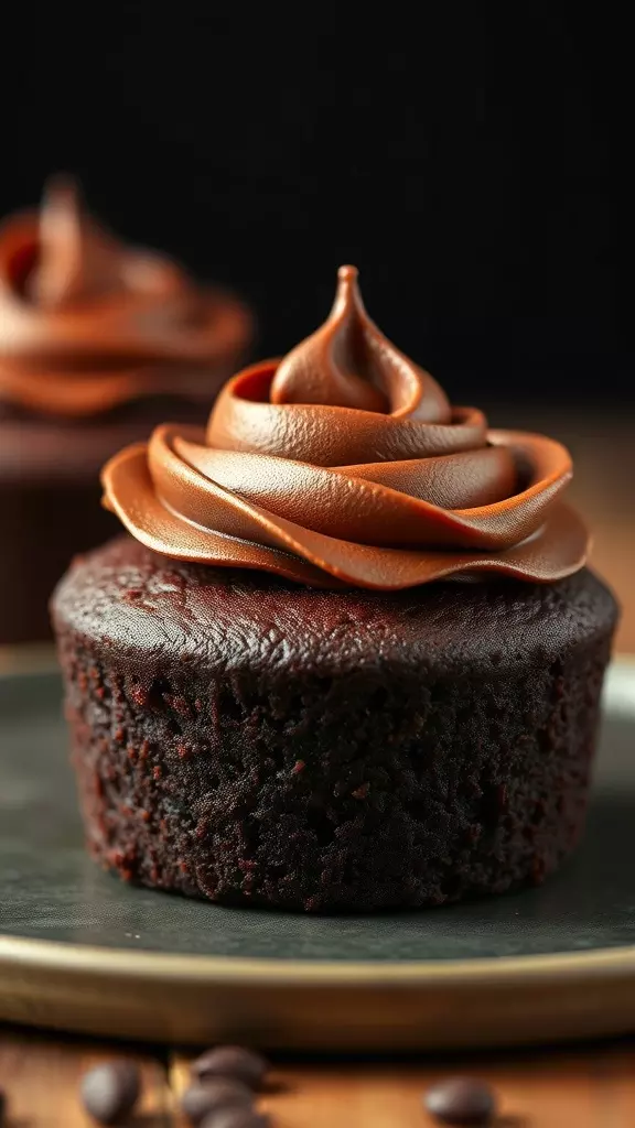 A mini chocolate cake with swirls of chocolate frosting on top.