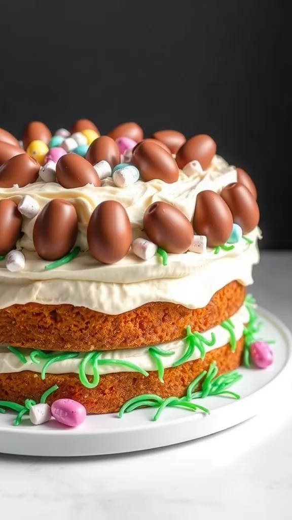 A beautifully decorated Easter cake topped with mini eggs and grass-like frosting.