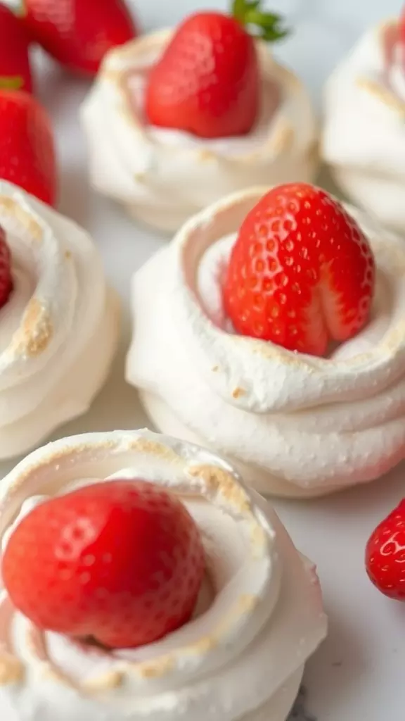 Mini pavlovas topped with strawberries