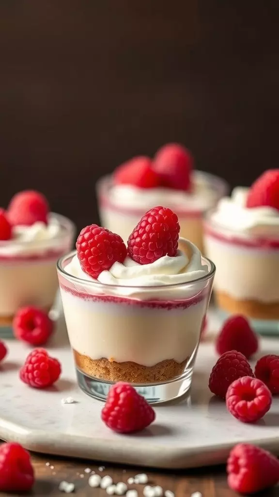 Mini raspberry cheesecake cups with whipped cream and fresh raspberries on top.