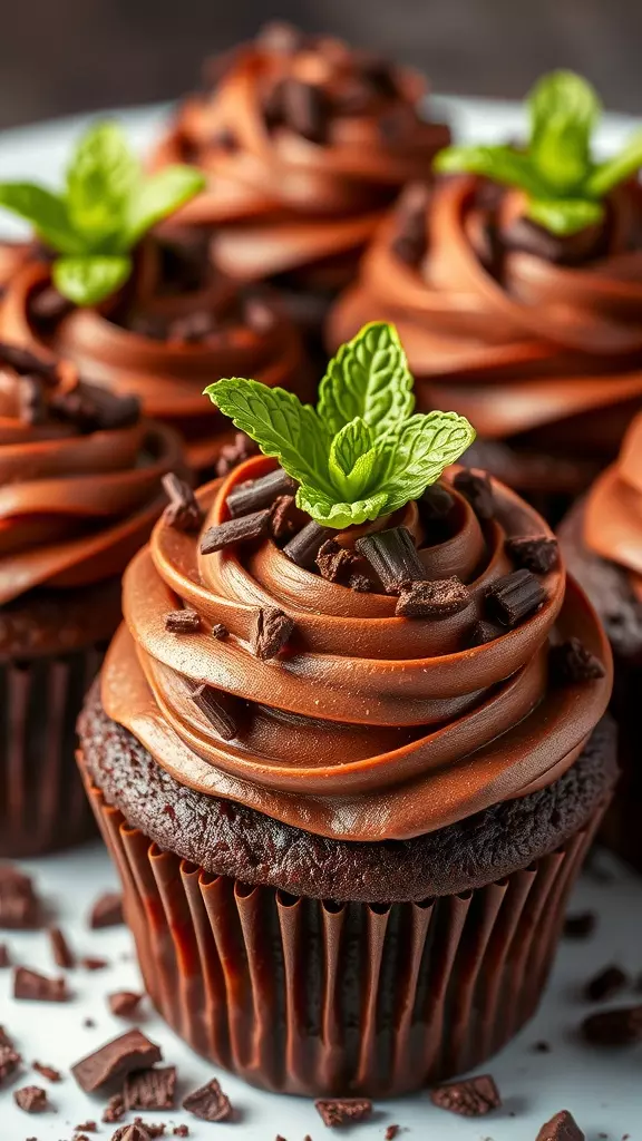 Mint chocolate cupcakes with chocolate frosting and mint leaves on top.