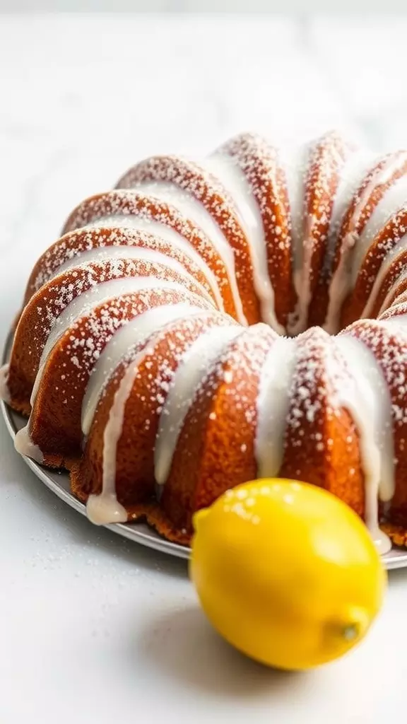 Moist Lemon Bundt Cake with a yellow lemon beside it