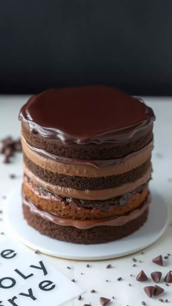 Moist Triple Chocolate Ganache Cake with layers of chocolate and ganache.