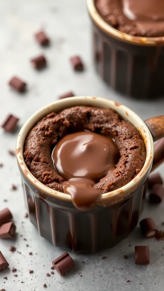 A molten chocolate mug cake with gooey chocolate center and a few chocolate chips scattered around.