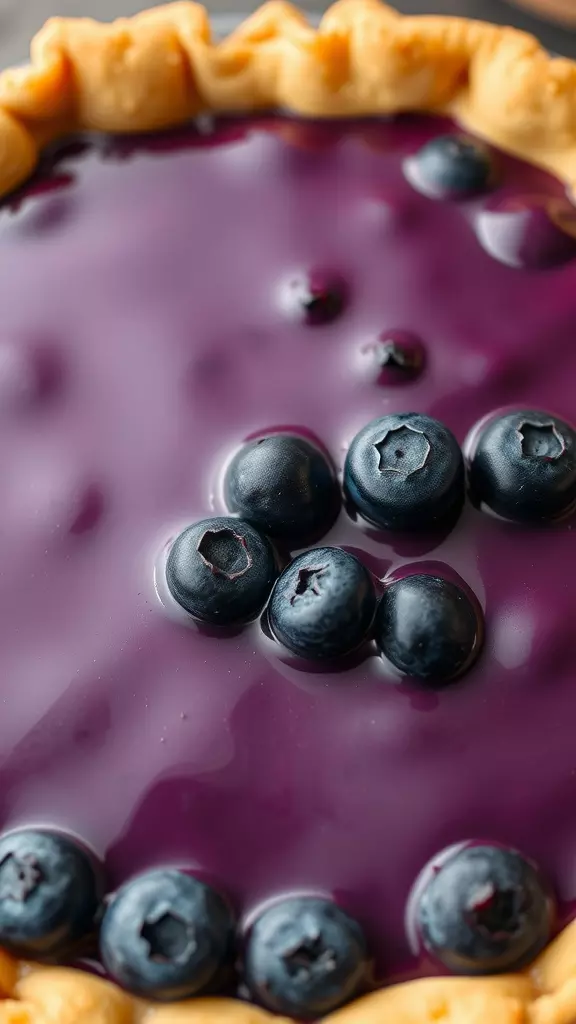 A close-up of a no-bake blueberry pie with a glossy filling and fresh blueberries.