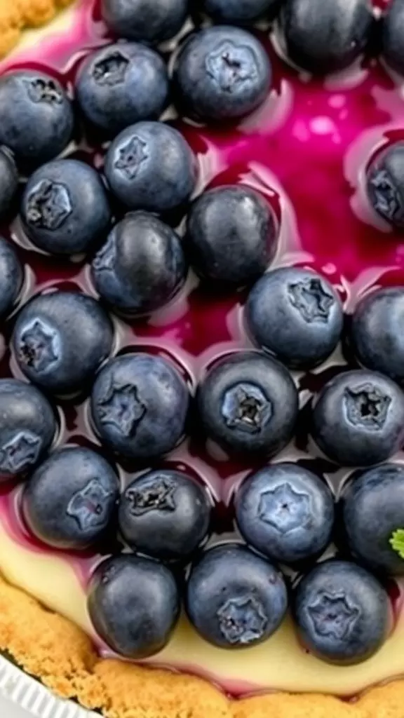 Close-up of a no-bake blueberry pie topped with fresh blueberries.