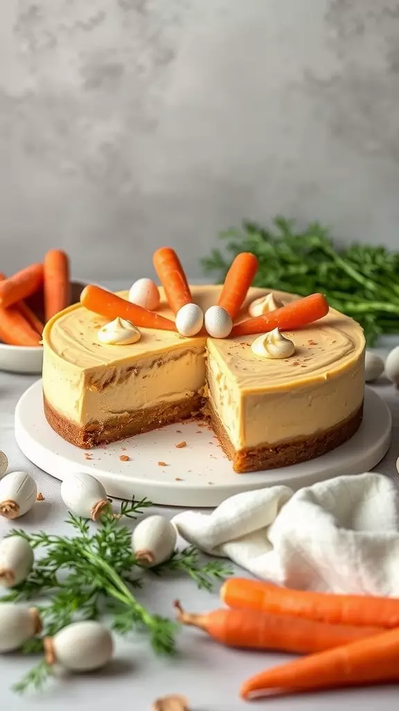 A no-bake carrot cake cheesecake topped with small carrots and eggs, surrounded by fresh carrots and greens.