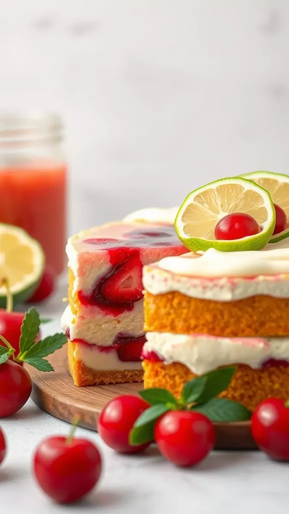 A delicious No-Bake Cherry Limeade Cheesecake with slices showing a vibrant cherry and lime topping.